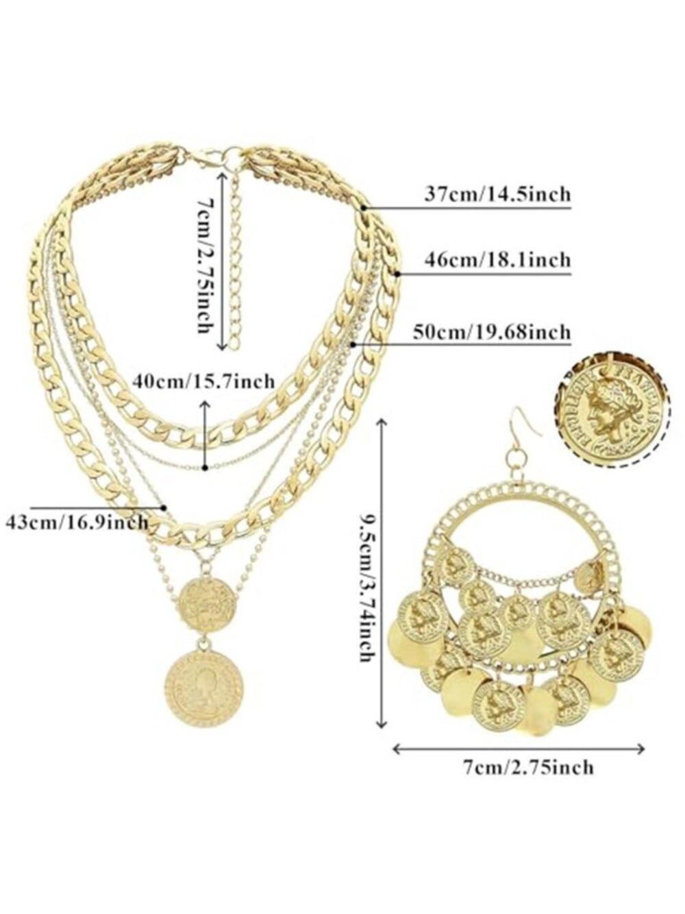 2 Pcs Women's Layered Golden Pirate Necklace Earrings Chunky Chain Layered - Picture 5 of 7